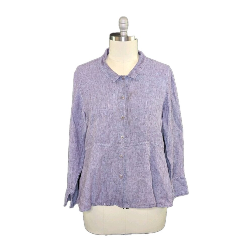FLAX 100% Linen Button Front Shirt Top Long Sleeve
